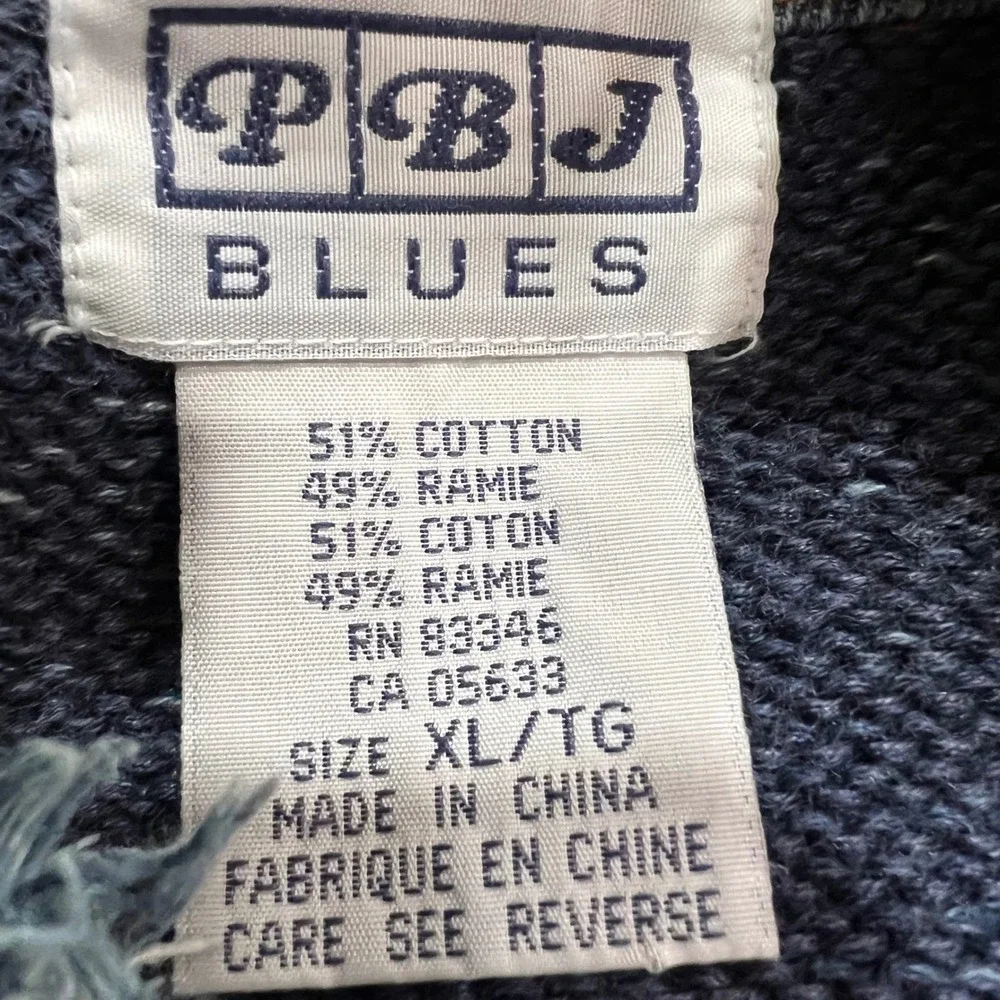 Vintage PBJ Blues Blue Cotton Ramie Denim Trim Cardigan Sweater Boho XL